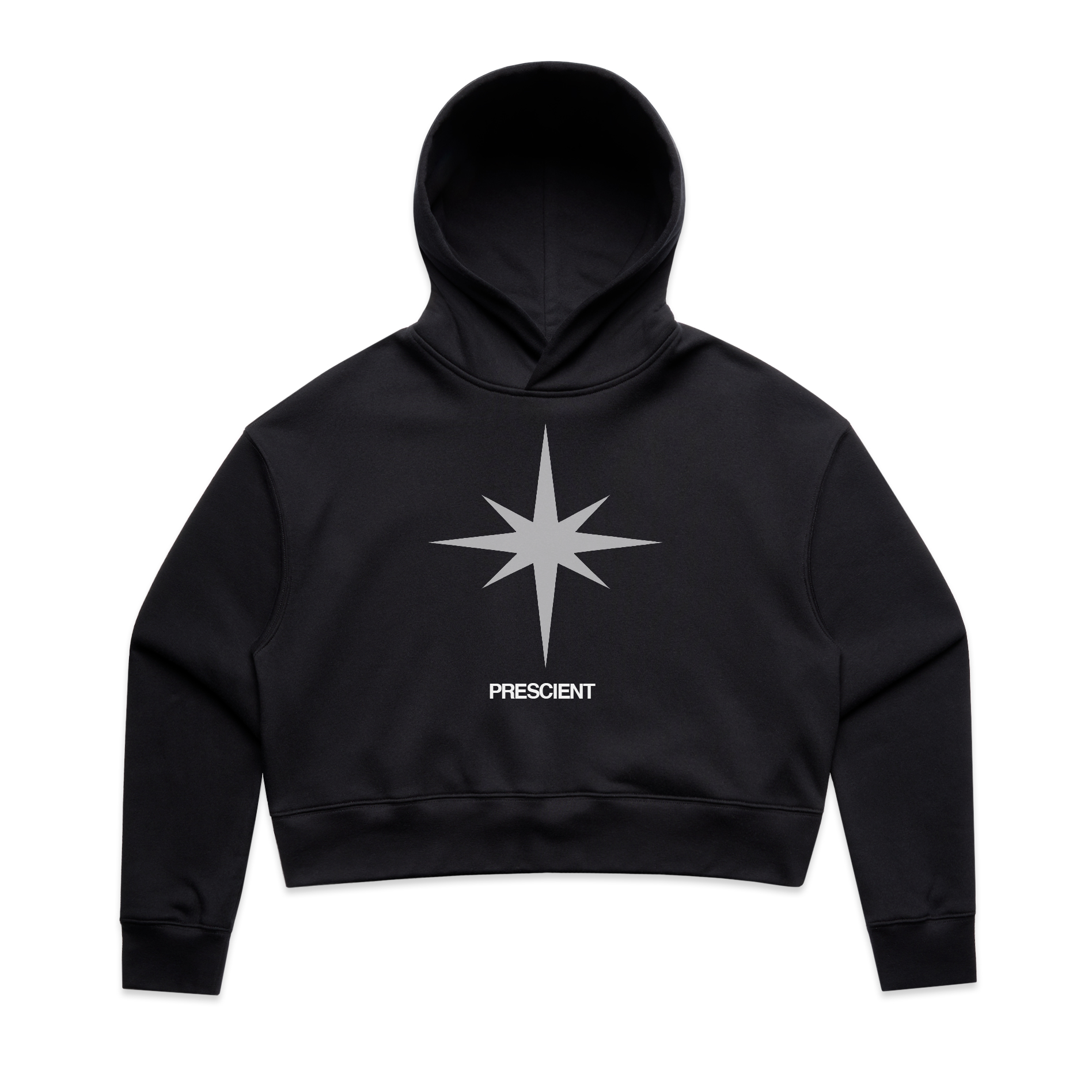 PRESCIENT SS26 BLACK HOME STAR LOGO CROPPED HOODIE